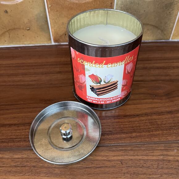 Sandalwood & Rose Soy Wax Candles Rustic Tin Metal Container Set of 2 - Picture 3 of 9
